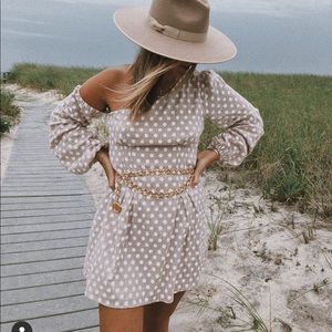 Majorelle polka dot asymmetrical shoulder dress